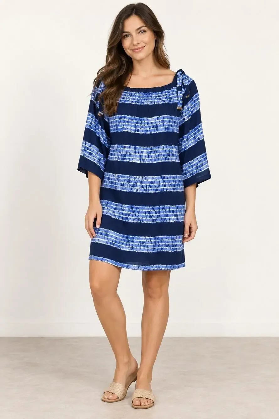 MICHAEL Michael Kors M Blue Tie Dye Off Shoulder Shift Tie Sleeve Dress Coastal